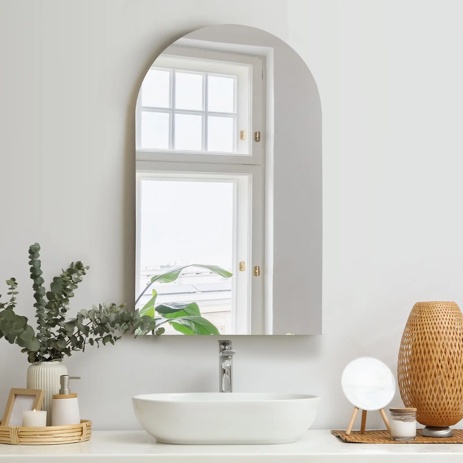 Oikiture Wall Mirrors 86x50cm Arched Makeup Mirror Bathroom Frameless - Home & Garden