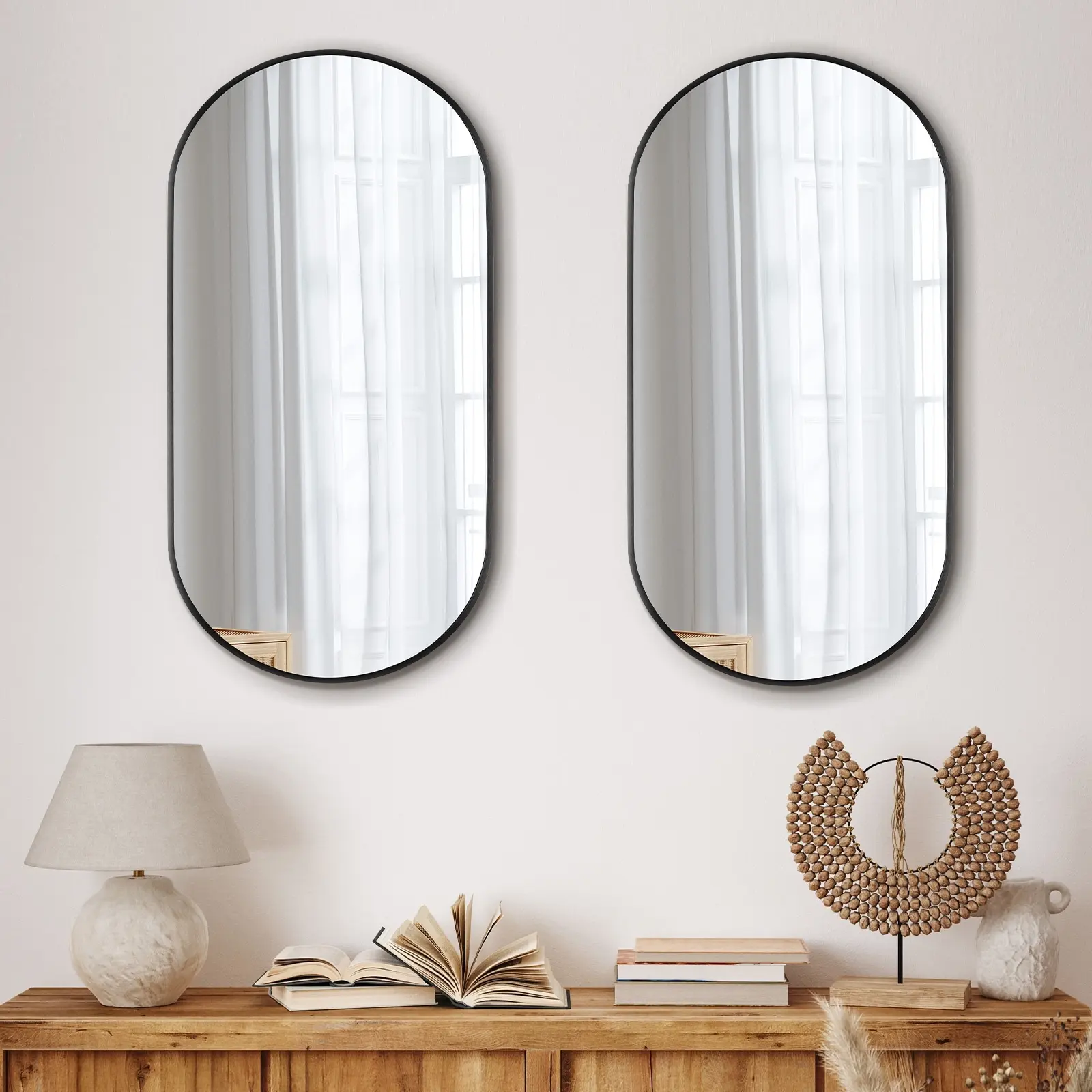 Oikiture Wall Mirrors Oval Home Decor Mirror Black 84x50cm Set of 2 - Home & Garden