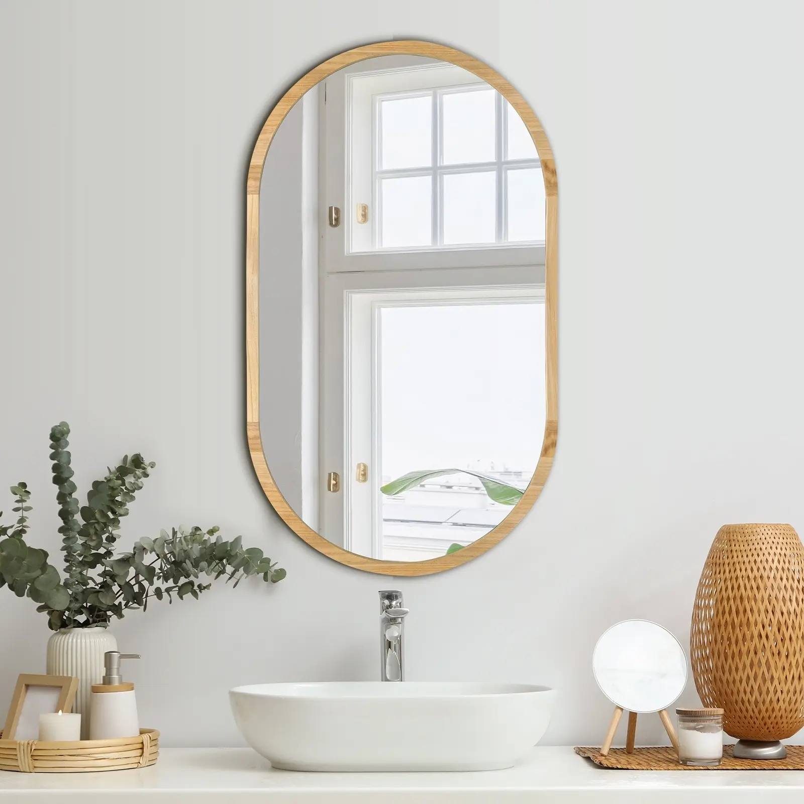 Oikiture Wall Mirrors Oval Makeup Mirror Home Decor Wooden 84x50cm - Home & Garden