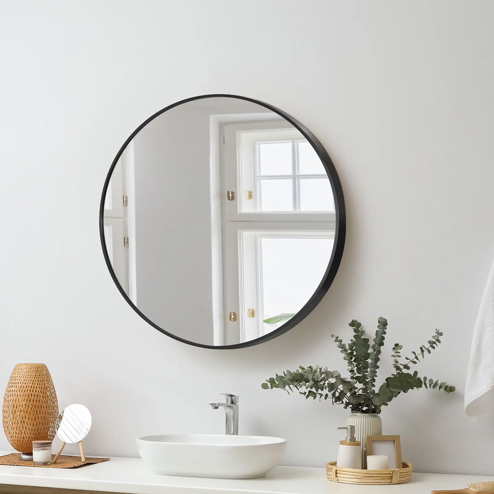 Oikiture Wall Mirrors Round Makeup Mirror Vanity Home Decor 50cm Black Bedroom - Home & Garden