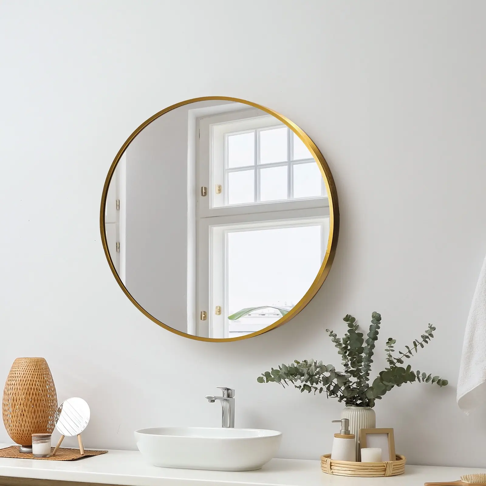 Oikiture Wall Mirrors Round Makeup Mirror Vanity Home Decor 50cm Gold Bedroom - Home & Garden