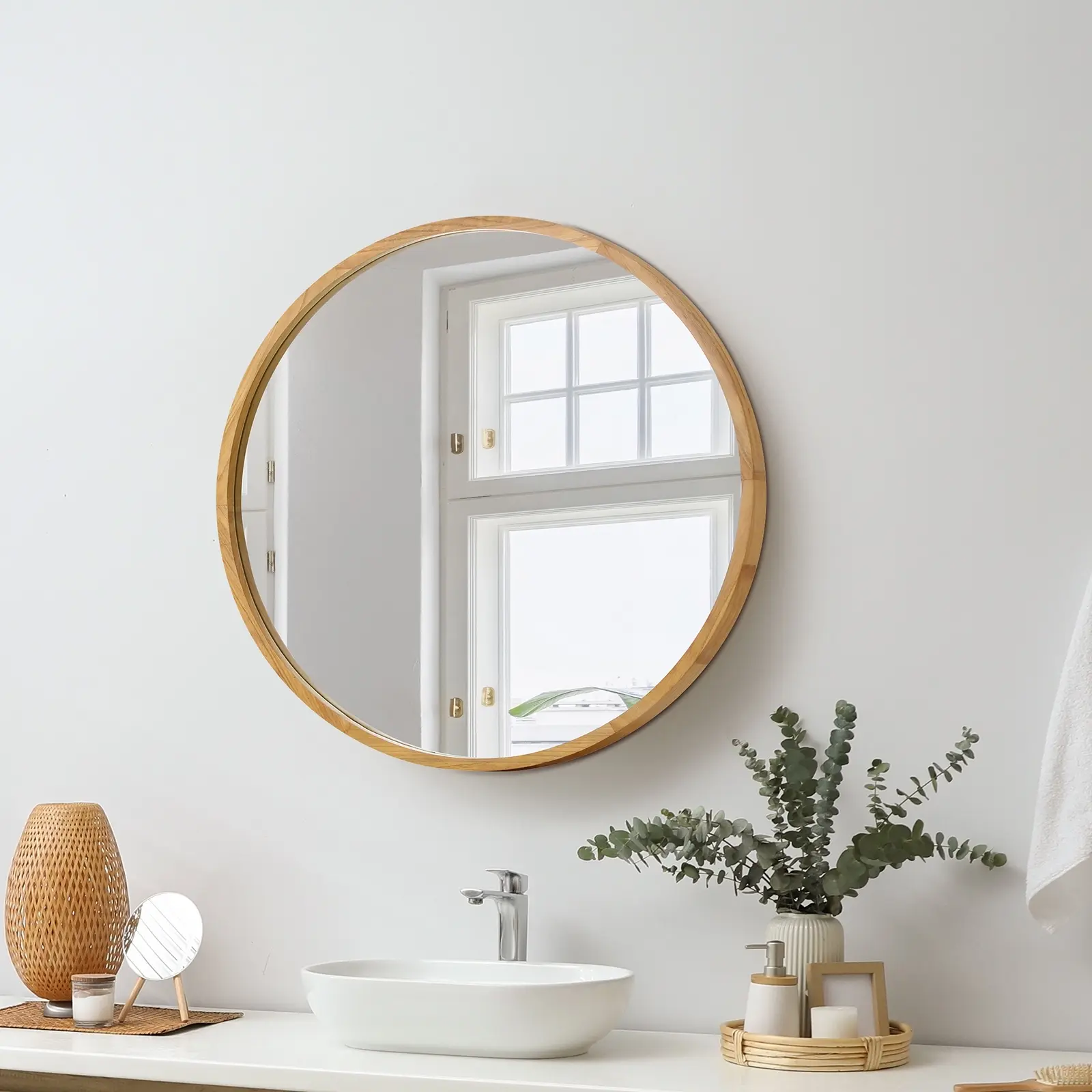 Oikiture Wall Mirrors Round Makeup Mirror Vanity Home Decor 50cm Wooden - Home & Garden