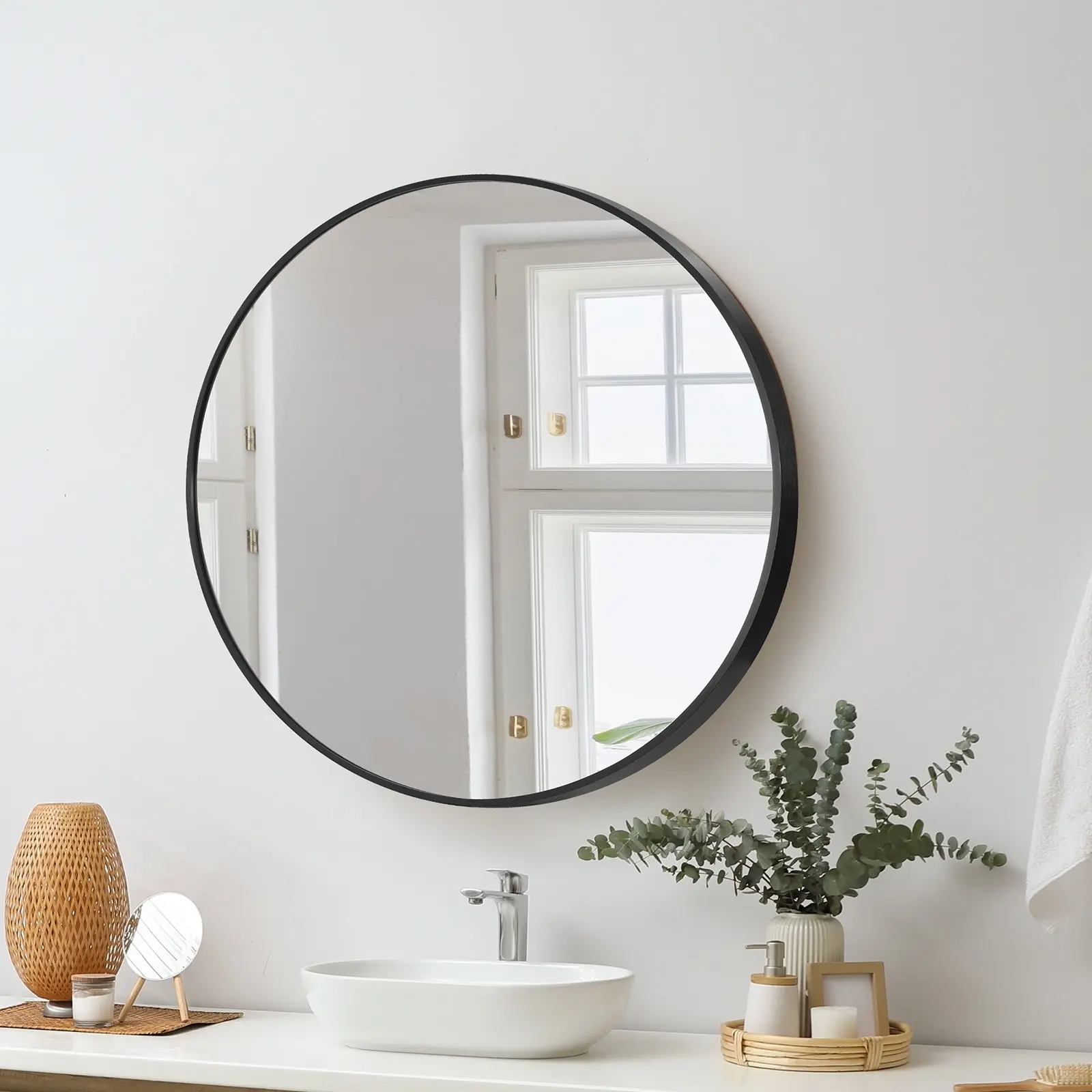 Oikiture 60cm Wall Mirrors Round Makeup Mirror Home Decor Black Living Room - Home & Garden