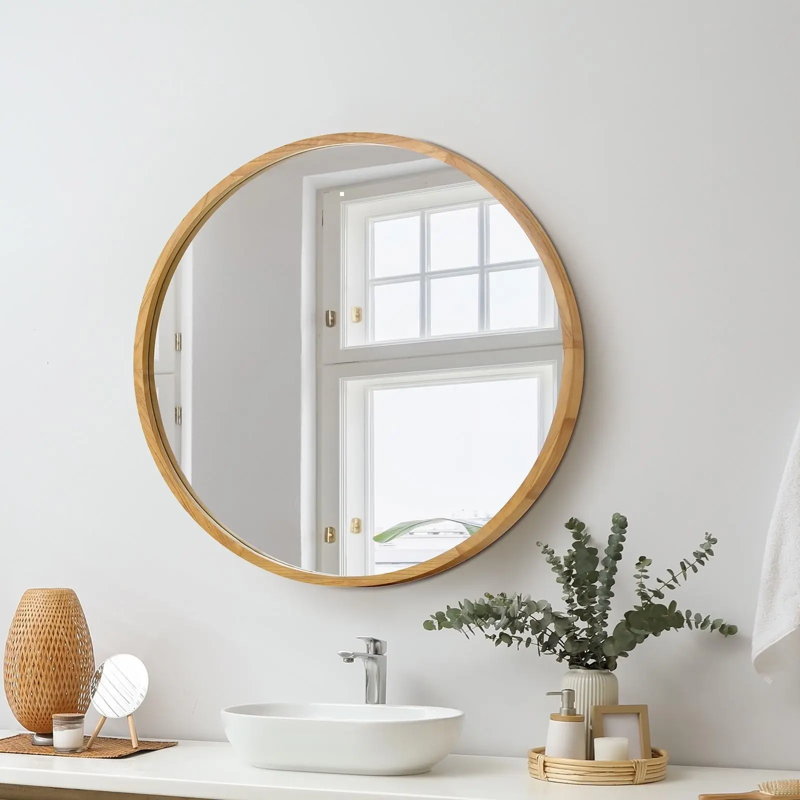 Oikiture 60cm Wall Mirrors Round Makeup Mirror Home Decor Wooden Dining Room - Home & Garden