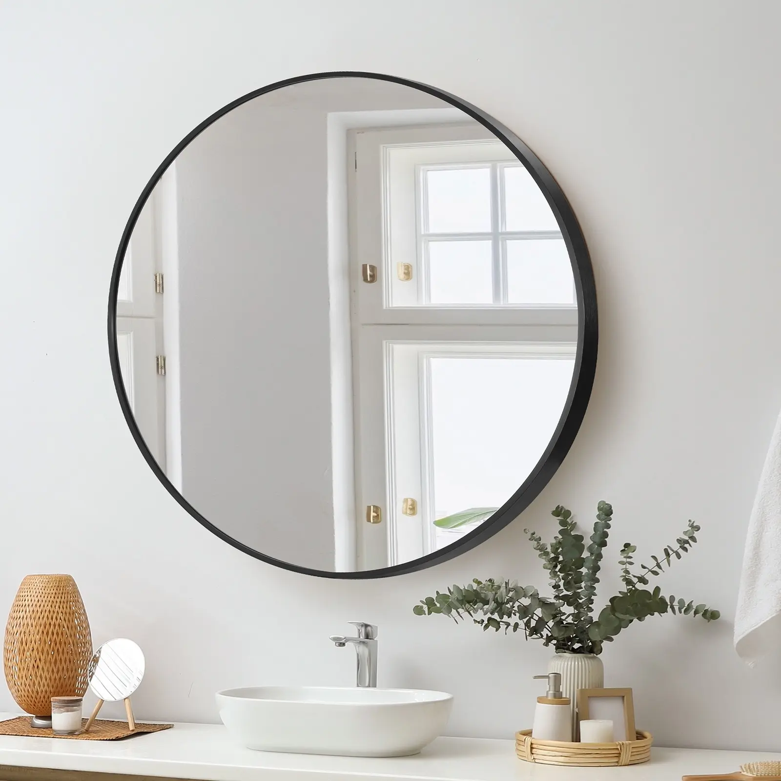 Oikiture Wall Mirrors Round 70cm Makeup Mirror Vanity Home Decor Black - Home & Garden