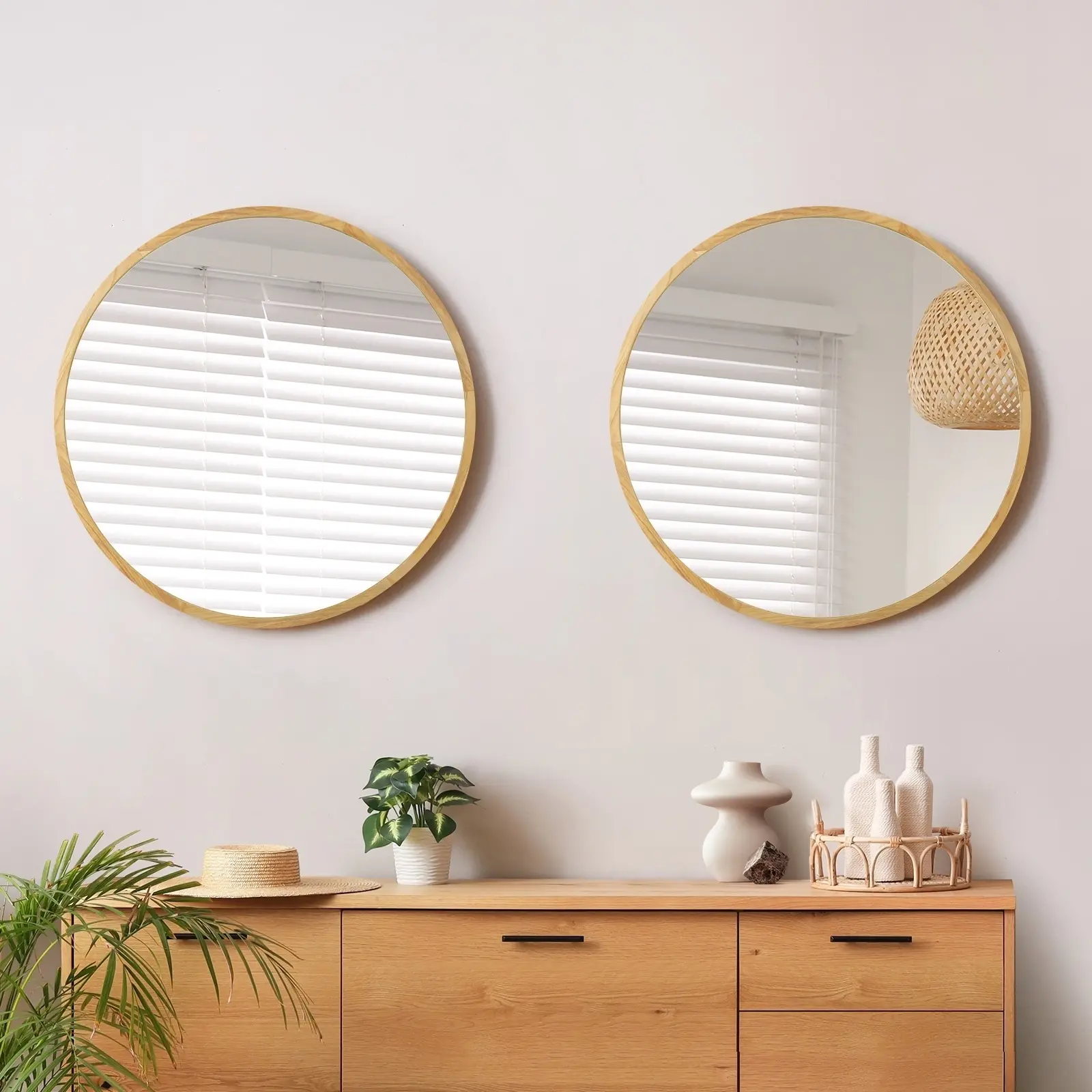 Oikiture Wall Mirrors Round Home Decor 70cm Wooden Set of 2 - Home & Garden