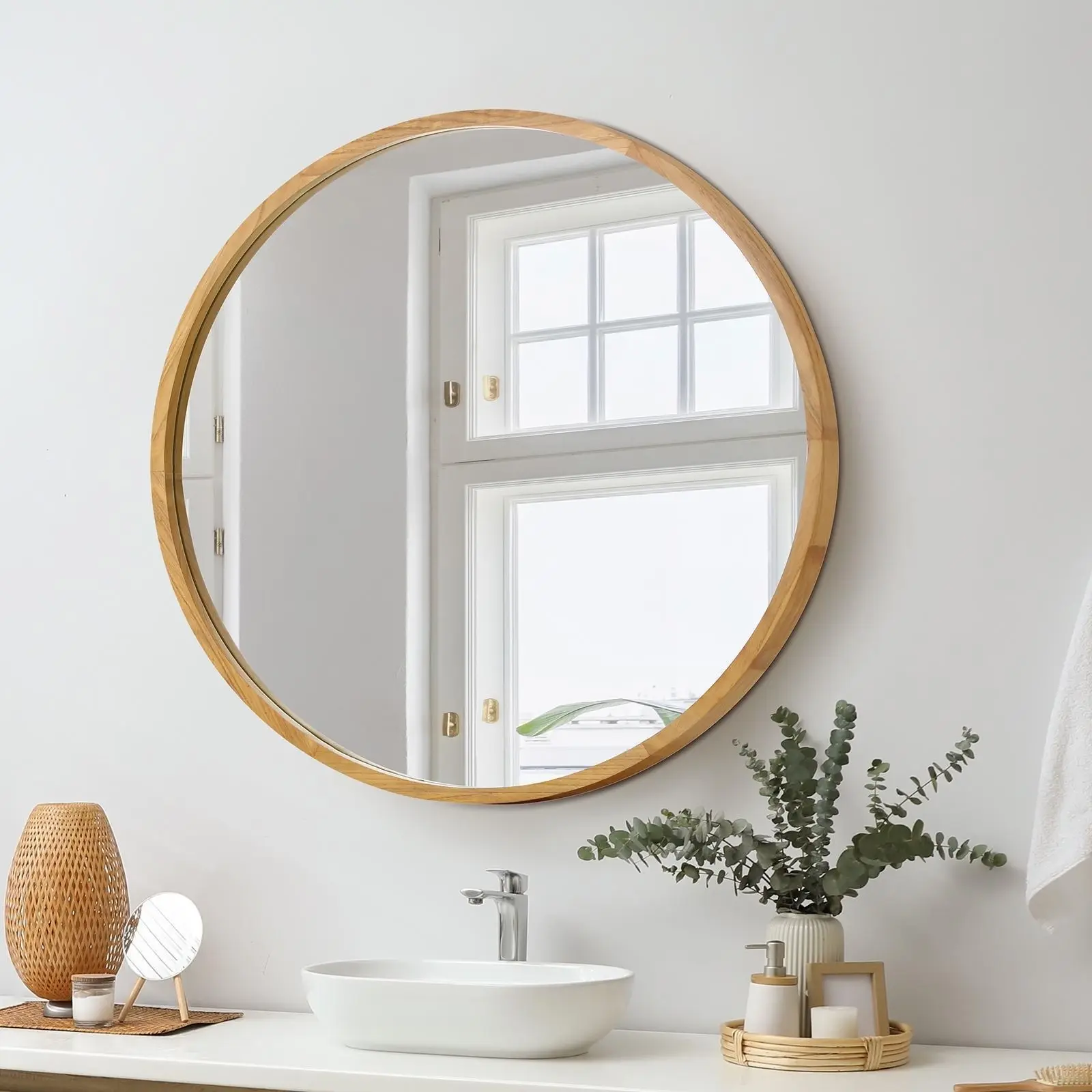 Oikiture Wall Mirrors Round 70cm Makeup Mirror Vanity Home Decor Wooden - Home & Garden