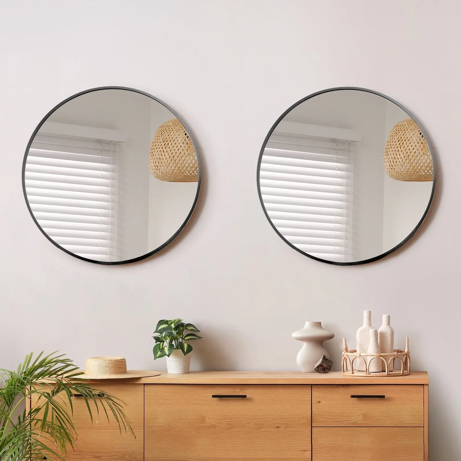 Oikiture Wall Mirrors Round Home Decor 80cm Black Set of 2 - Home & Garden