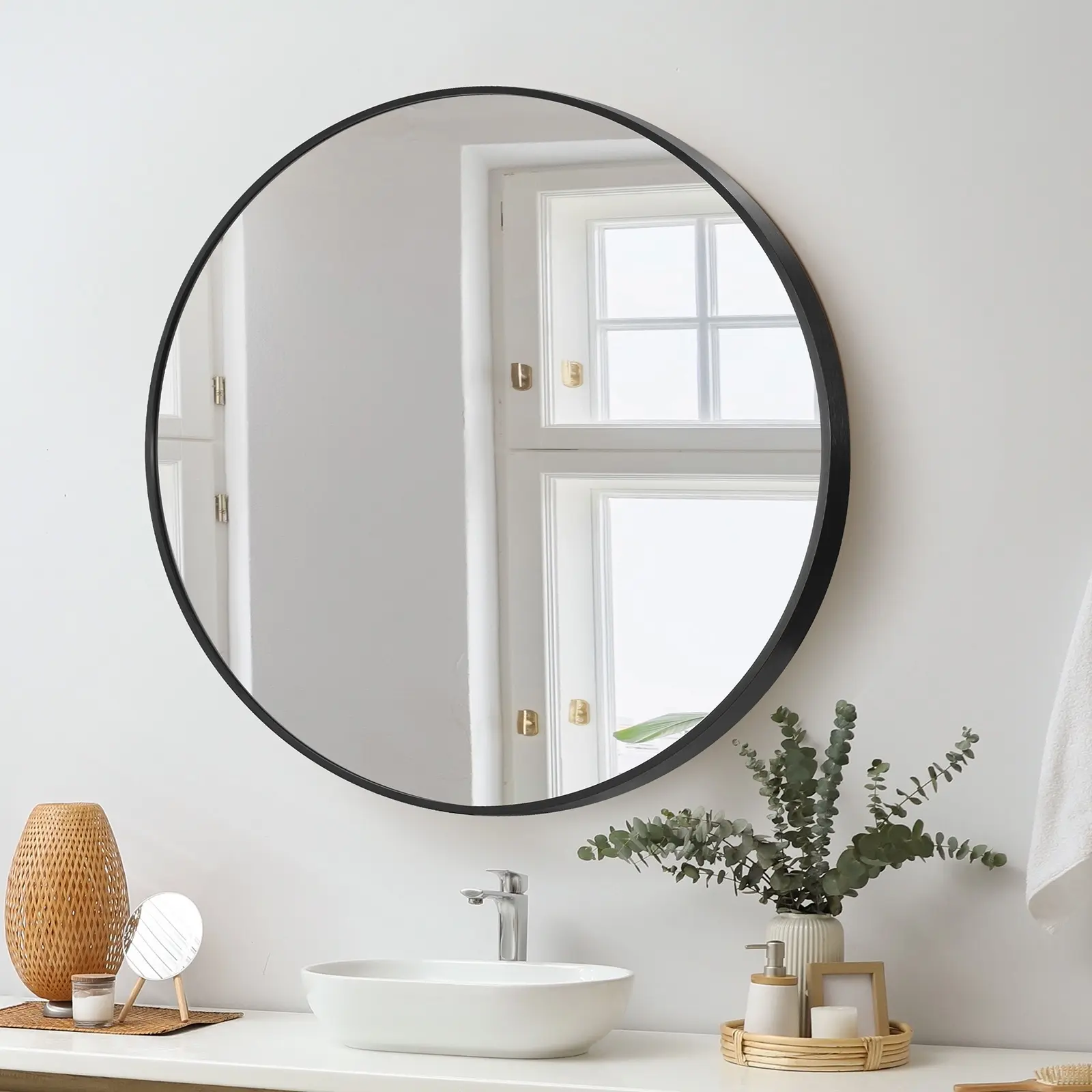 Oikiture Wall Mirrors Round Makeup Mirror Vanity Home Decorative Black 80cm - Home & Garden