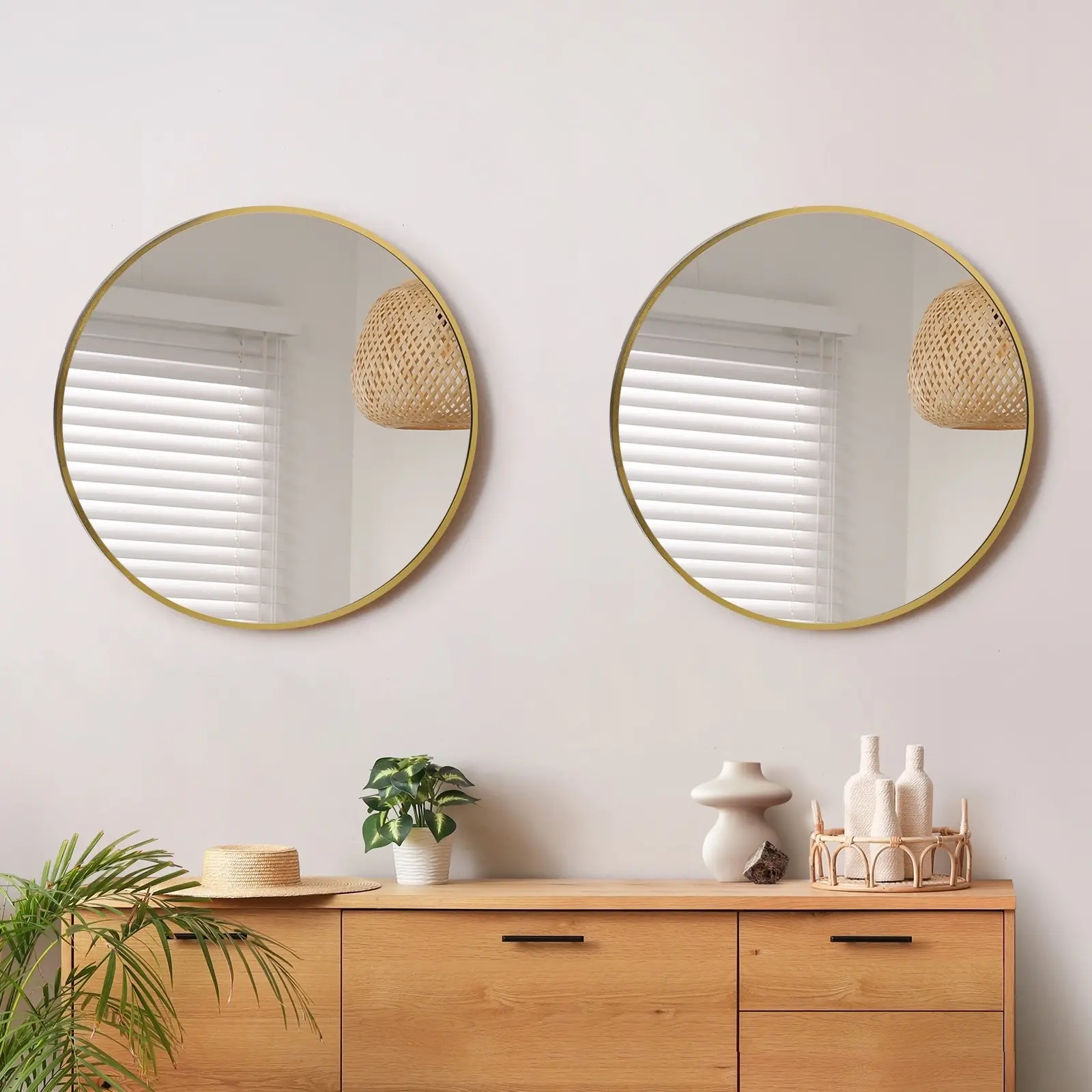 Oikiture Wall Mirrors Round Home Decor 80cm Gold Set of 2 - Home & Garden