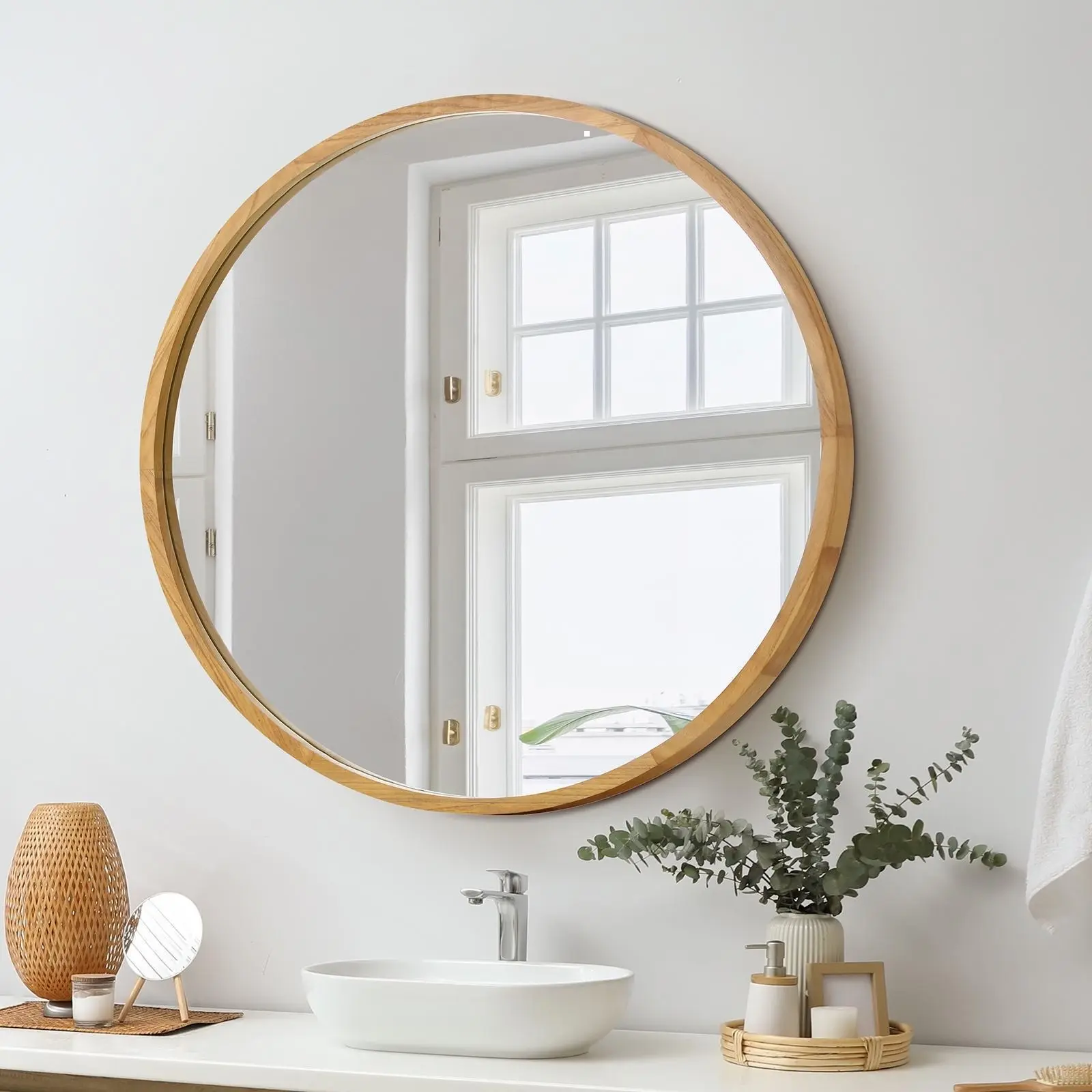 Oikiture Wall Mirrors Round Makeup Mirror Vanity Home Decorative Wooden 80cm - Home & Garden