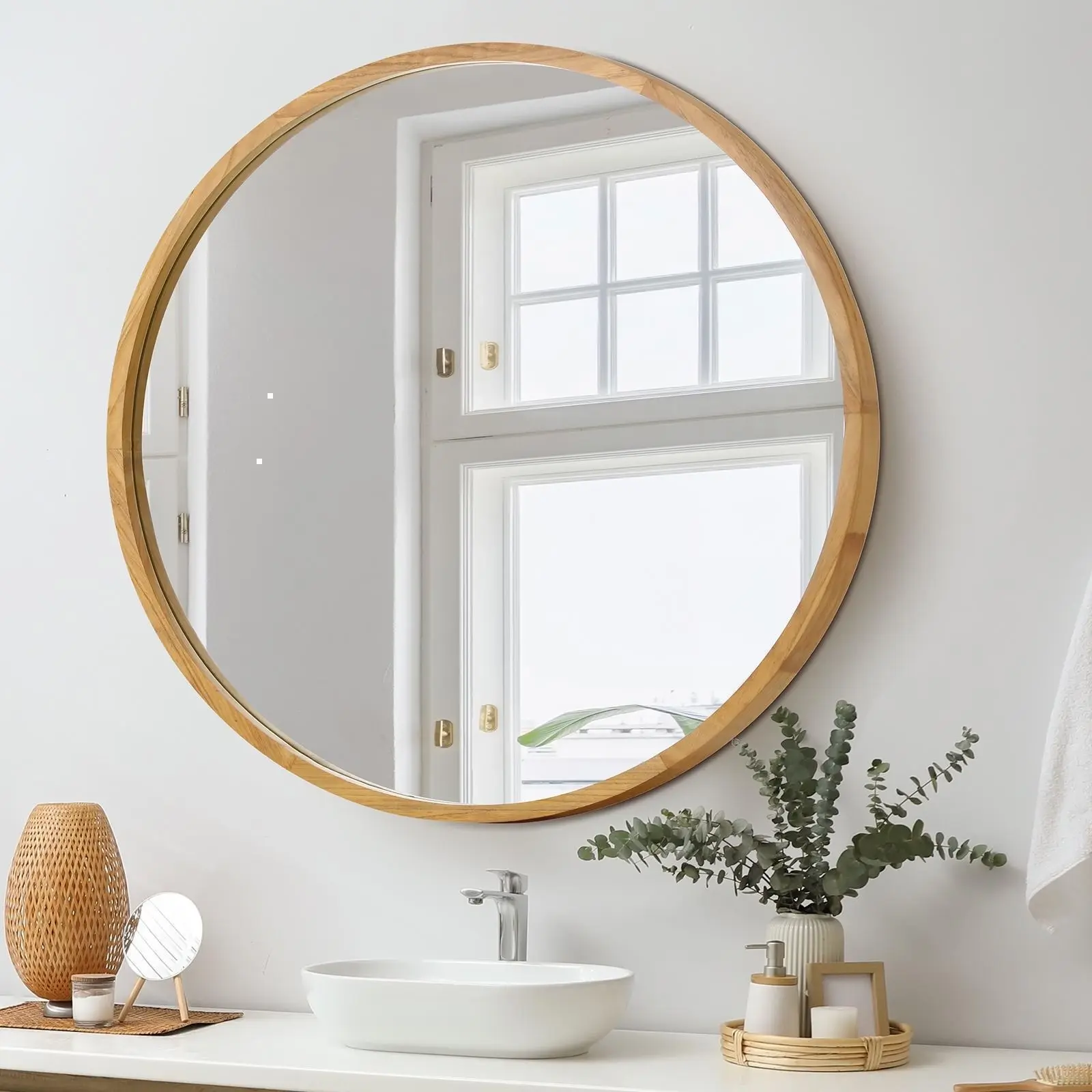 Oikiture Wall Mirrors Round Large Makeup Mirror Vanity Home Decor 90cm Wooden - Home & Garden