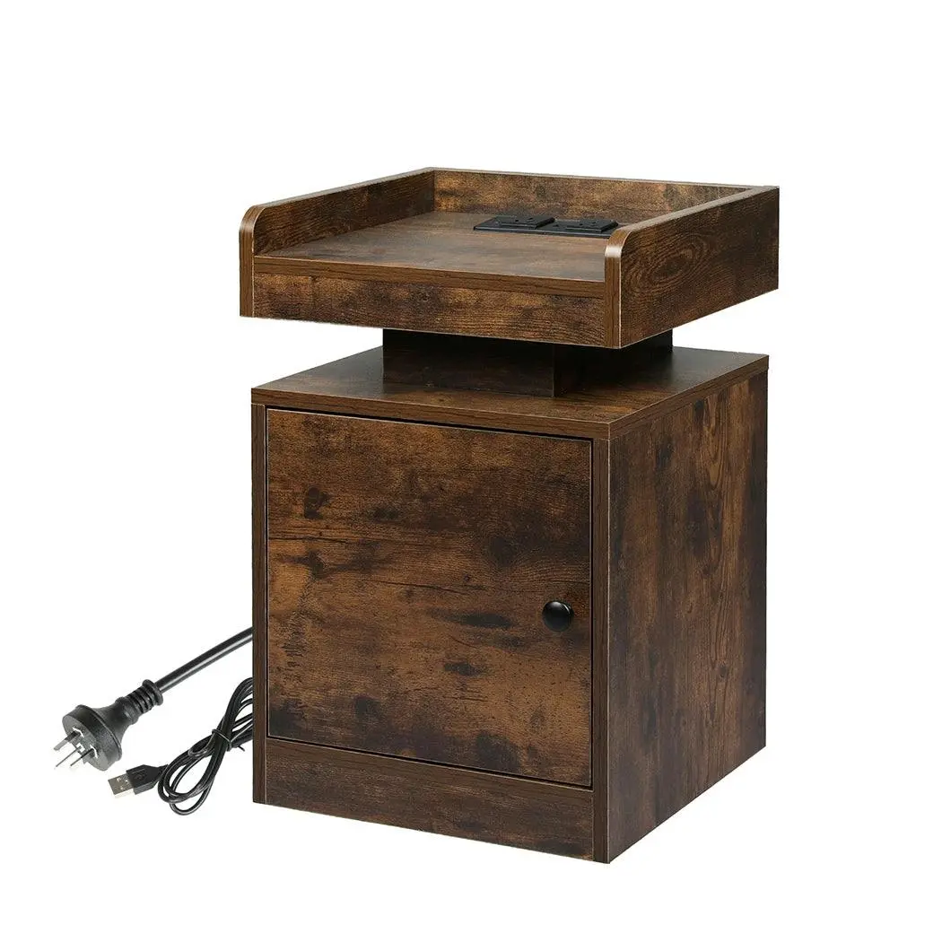 Levede Bedside Table USB Charger Outlet RGB LED Light Storage Cabinet Oak - Furniture
