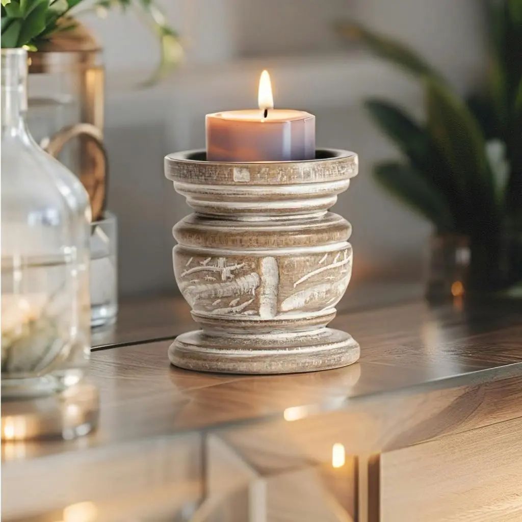 Willow & Silk Handmade 11cm Wood Carved Pillar Candle Holder - Home & Garden