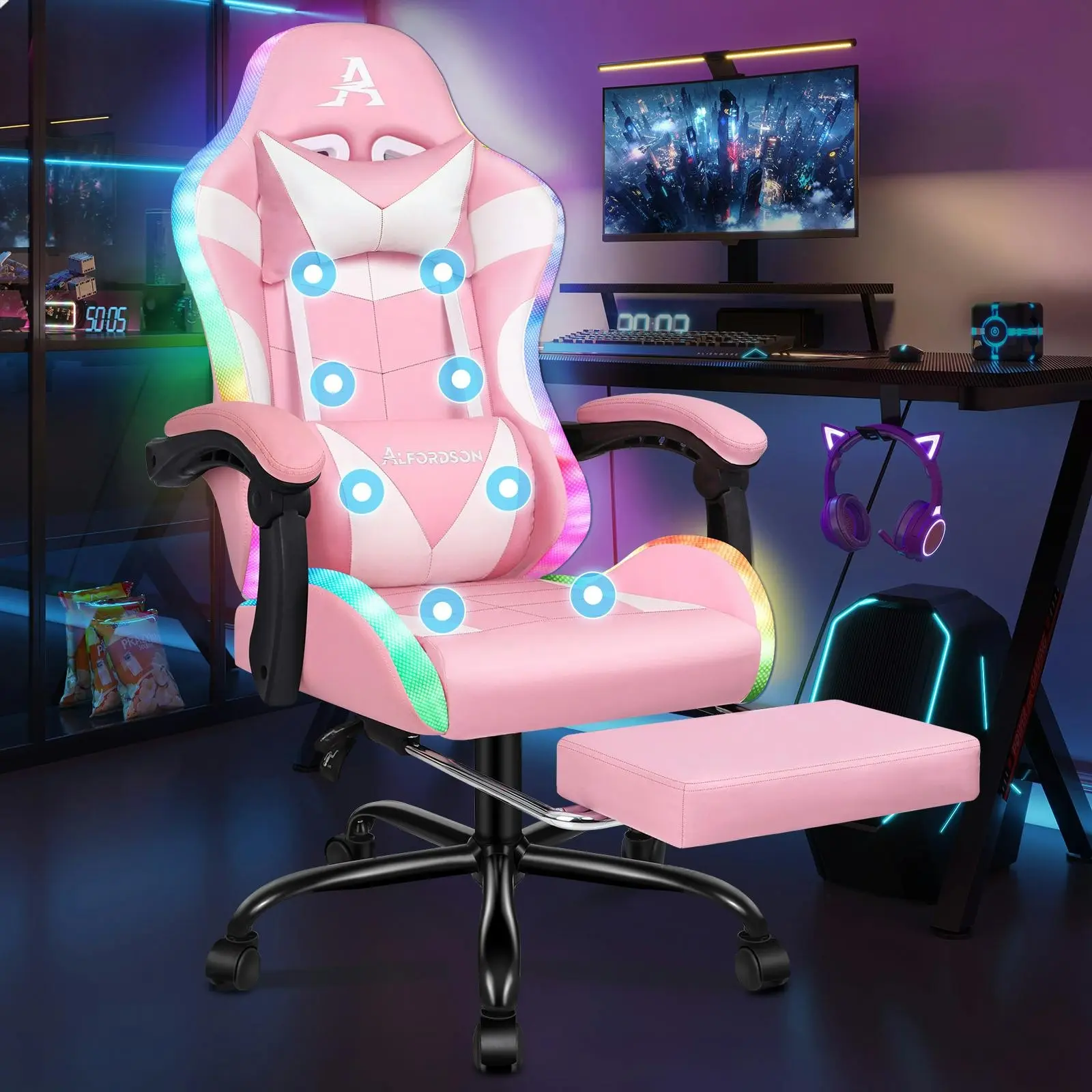 Alfordson Gaming Chair Office Massage 12 RGB LED Computer Seat PU Leather Pink - Furniture