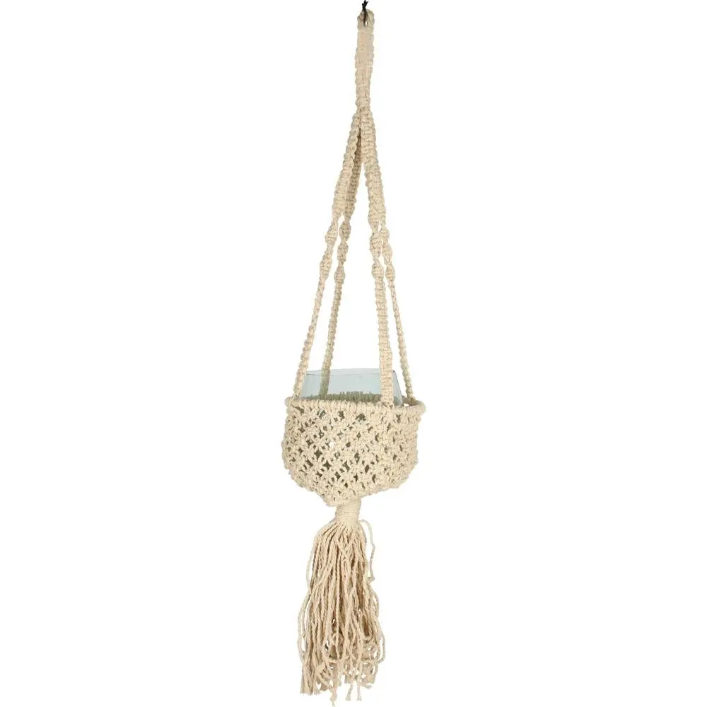 Maine & Crawford Flow Luxe Macrame 100cm Plant Hanger Pot w/ Glass Vase Cream - Home & Garden