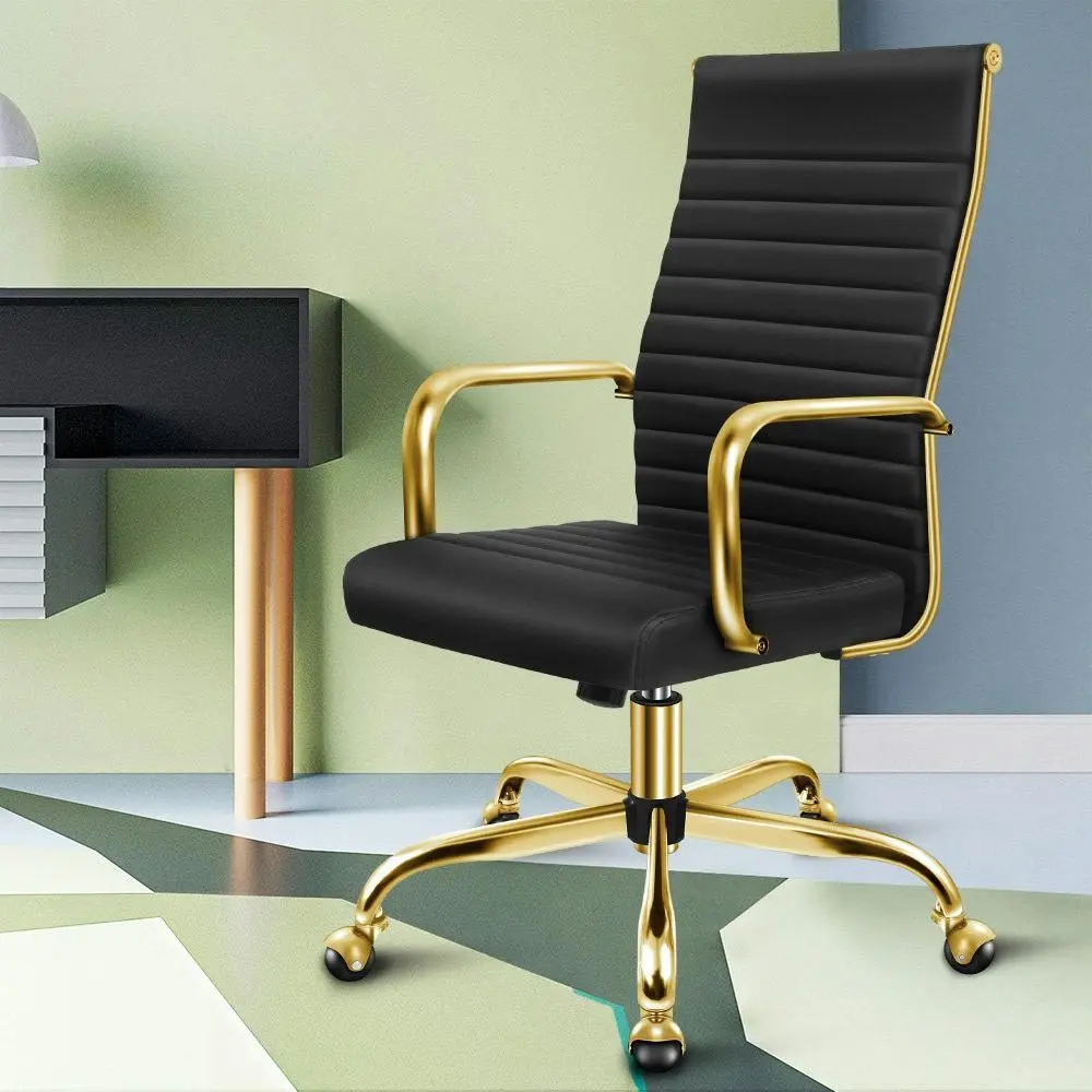 Alfordson High Back Padded PU Leather Office Chair Gold Black - Furniture