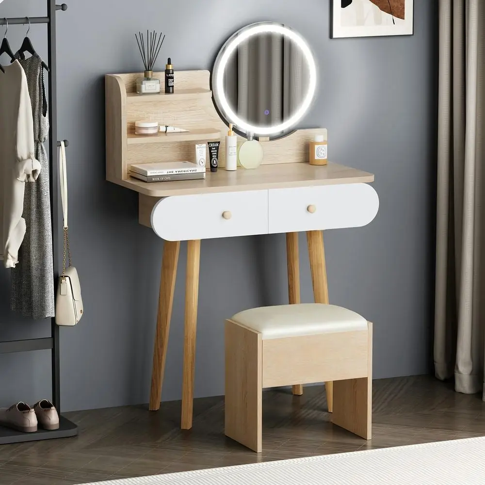 Alfordson Dressing Table Stool Set LED Light Oak - Furniture