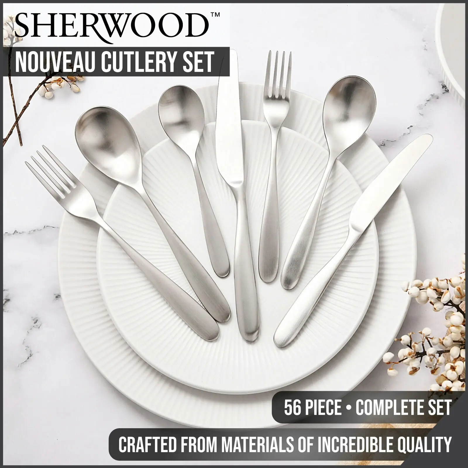Sherwood Nouveau 56 Piece Cutlery Set Matte Silver - Home & Garden