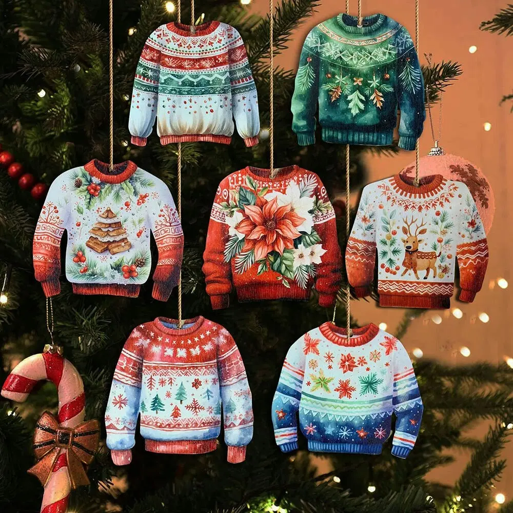 7Pcs Christmas Tree Decoration Pendant Wooden Christmas Sweater Hanging Ornament - Home & Garden