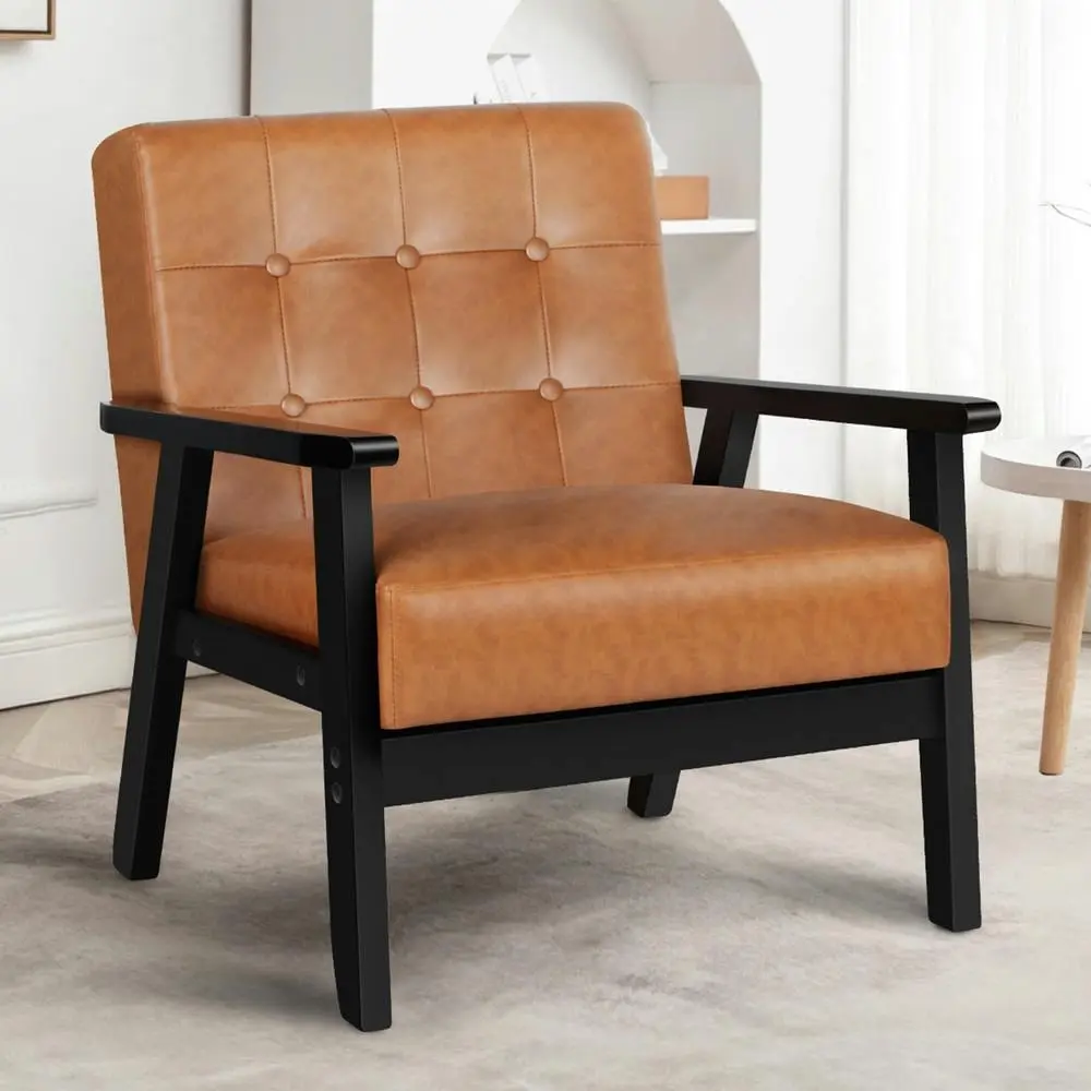 Alfordson Wooden Armchair Retro Accent Chair Lounge Sofa Couch PU Leather Seat - Over 40% off Living Room Furniture