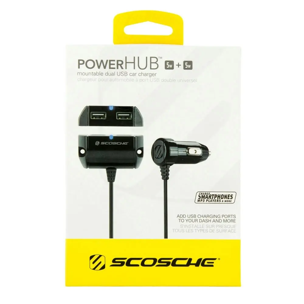 Scosche PowerHub 10W Mountable Dual Port USB Cigaret Car Charger for Smartphones - Electronics