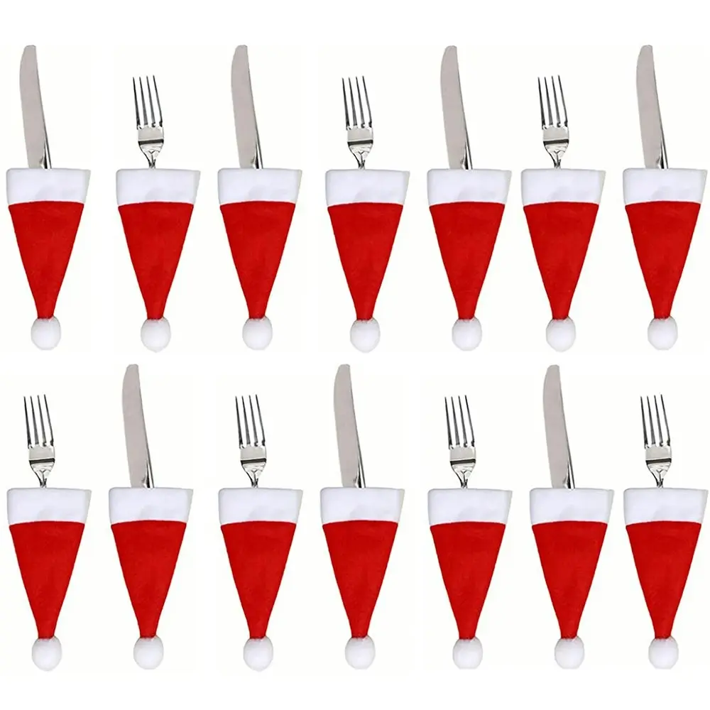 20Pcs Christmas Mini Santa Hat Tableware Knife Fork Spoon Storage Bag Pockets - Home & Garden
