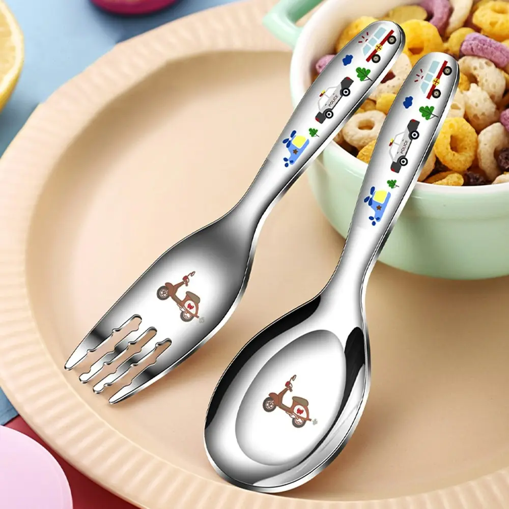 2Pcs Stainless Steel Kids Cartoon Carving Child Tableware Cute Spoon Fork Set - Home & Garden