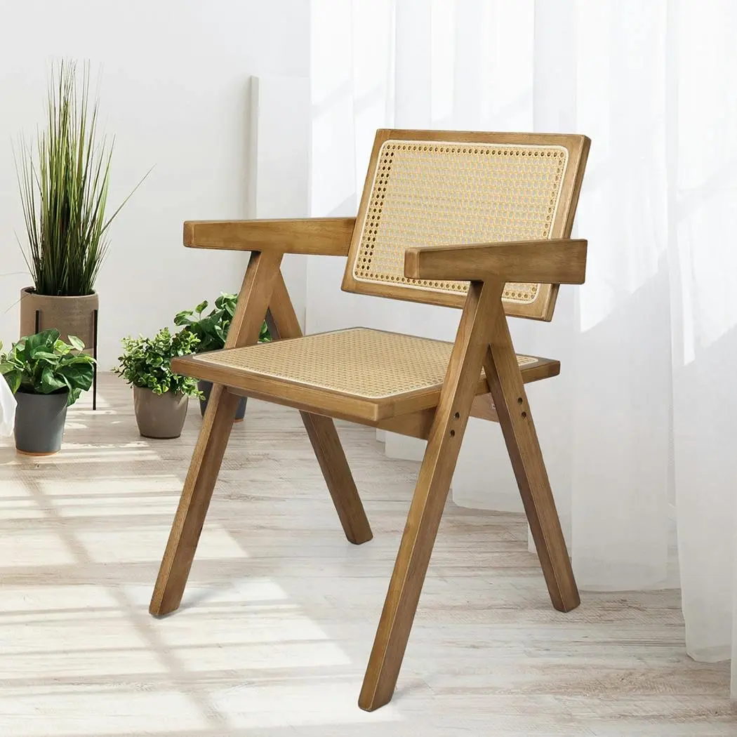 Levede 2x Dining Chair Solid Wood Rattan Armchair Wicker Accent Lounge Chairs - Furniture
