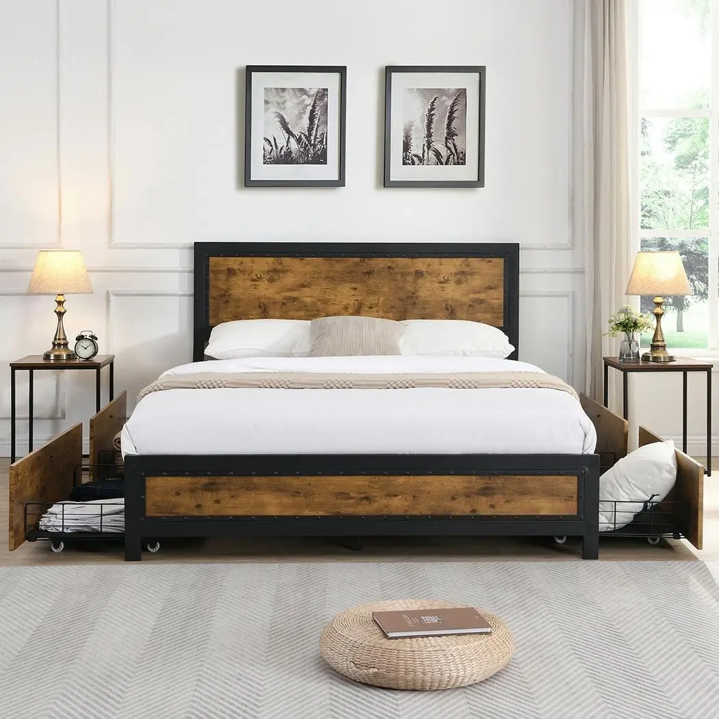 Levede Metal Bed Frame Queen Mattress Base Platform Wooden 4 Storage Drawers - Furniture