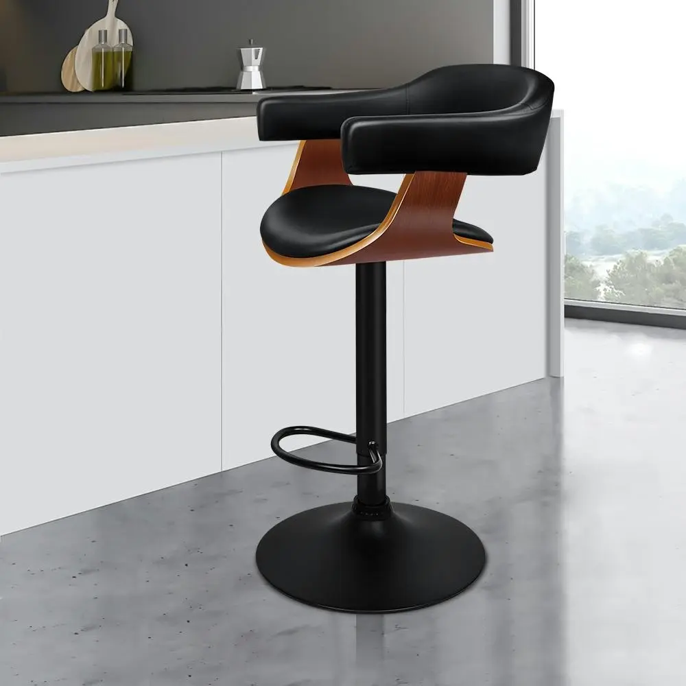 Alfordson 1x Wooden Bar Stool Joan Kitchen Swivel Chair Wood Leather All Black - Furniture