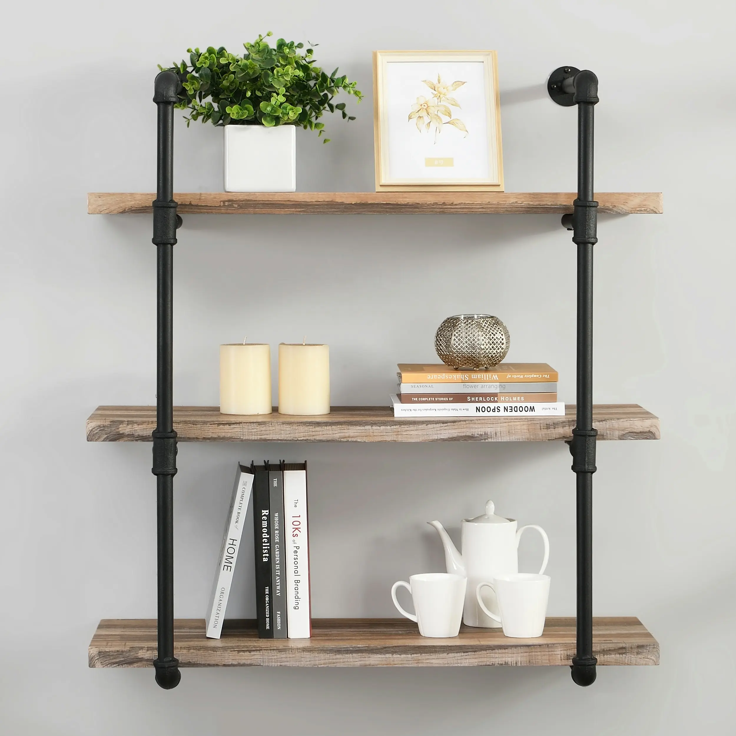 IHOMDEC 3 Tier Industrial Pipe Wall Shelf Retro Brown - Furniture