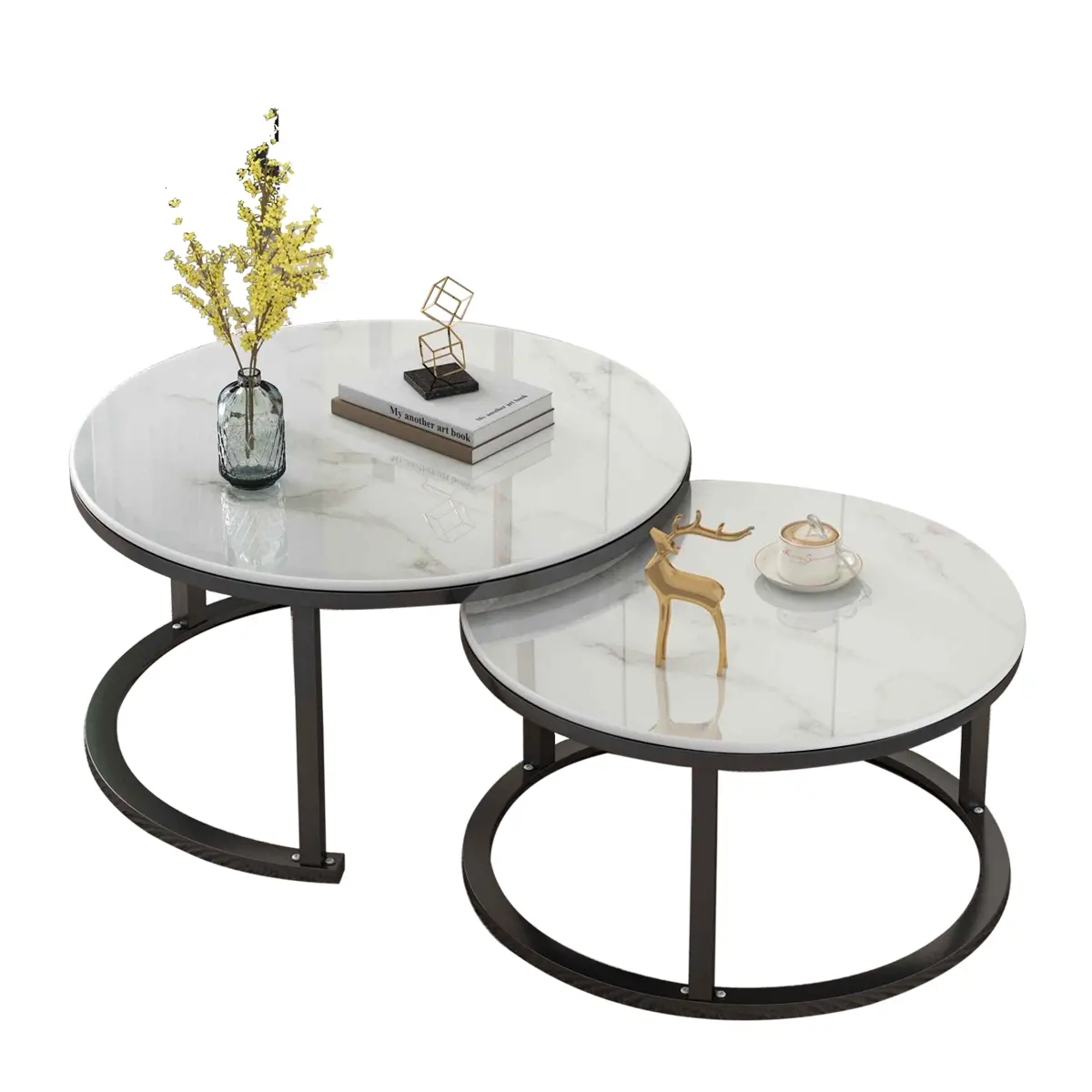 Foret Coffee Table 80cm Side Tables 2pc Set Tea Marble Look Tempered Glass Top - Over 40% off Living Room Furniture