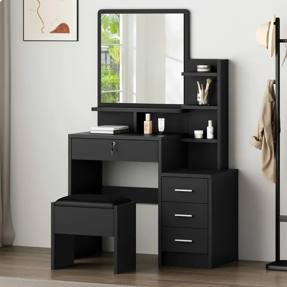 Alfordson Dressing Table Stool Set Makeup Mirror Vanity Desk Black - Furniture