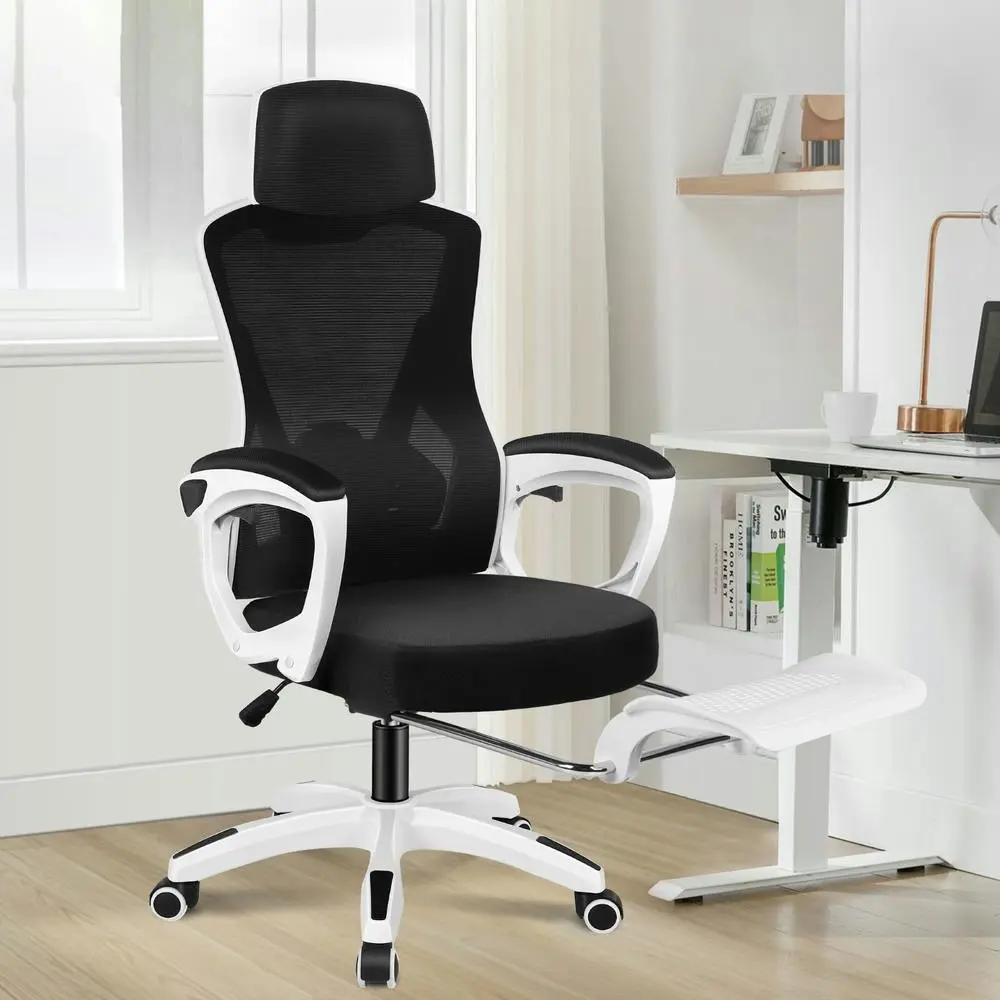 Alfordson Recline Mesh Office Chair with Footrest Black White - Furniture