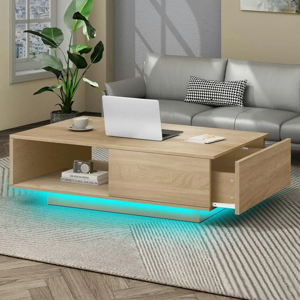 Alfordson Coffee Table LED Light Storage Drawer Shelf Oak - Furniture