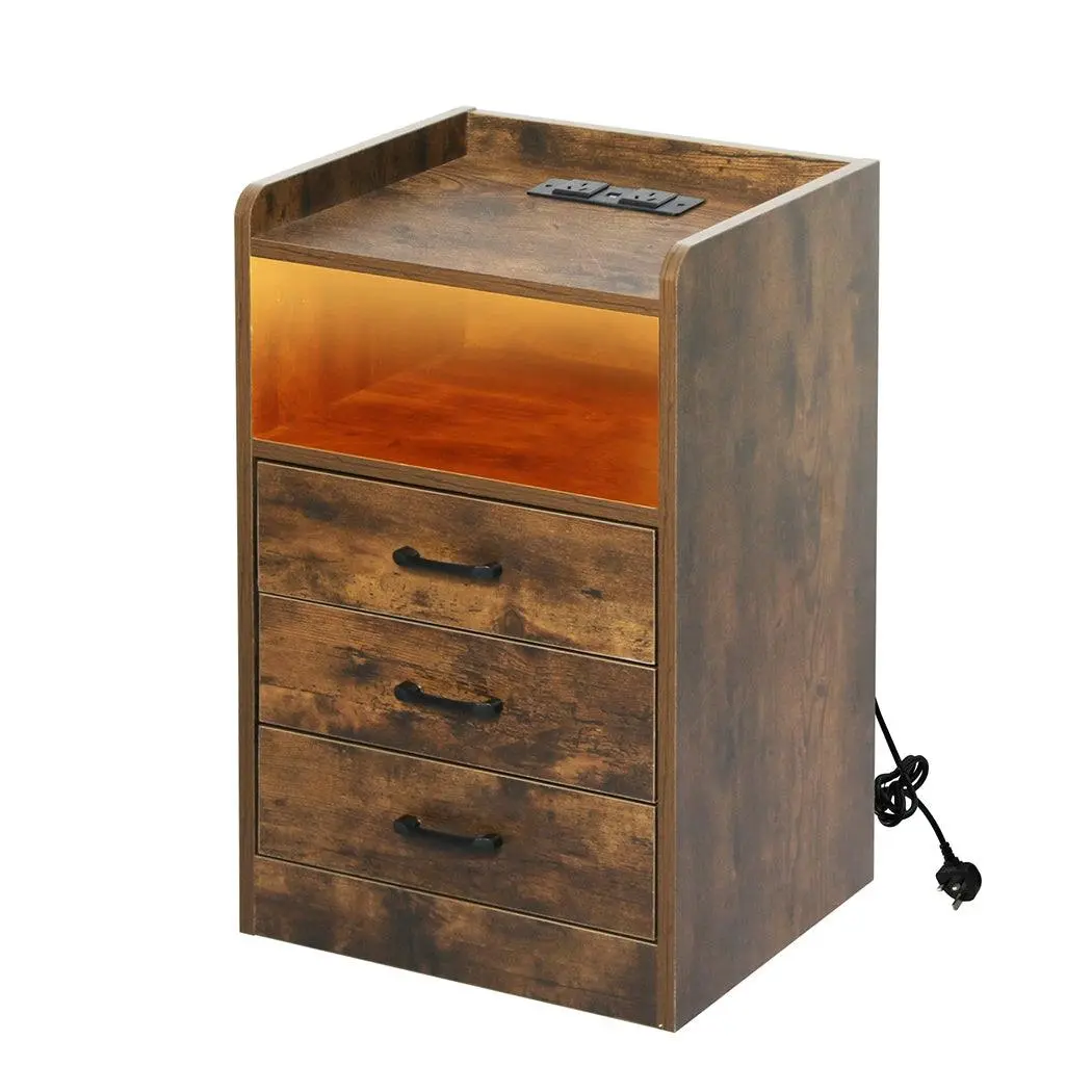 Levede Bedside Table Nightstand USB Charger Outlet RGB LED 3 Drawers Oak - Furniture