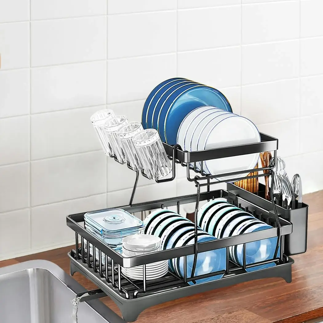Toque Detachable Dish Drying Rack Cutlery Organizer Drainer Board 2 Tier Black - Home & Garden
