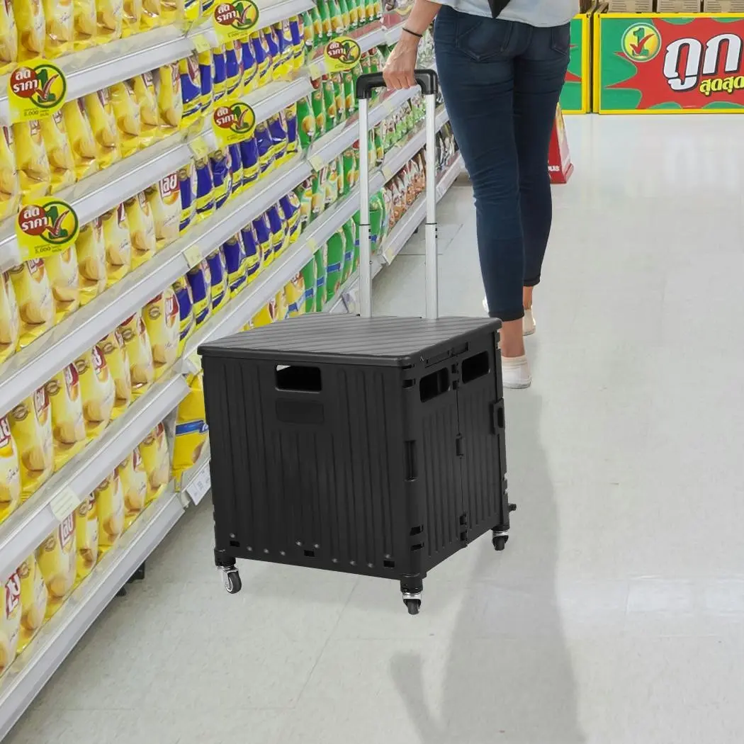Folding Shopping Trolley Cart Portable Rolling Grocery Basket Wheel Black - Fashion