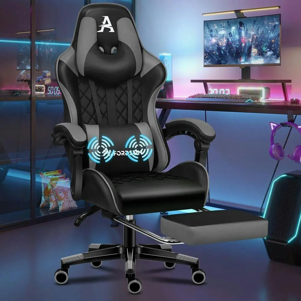 Alfordson Gaming Chair PU Leather with Footrest Black & Grey - Furniture