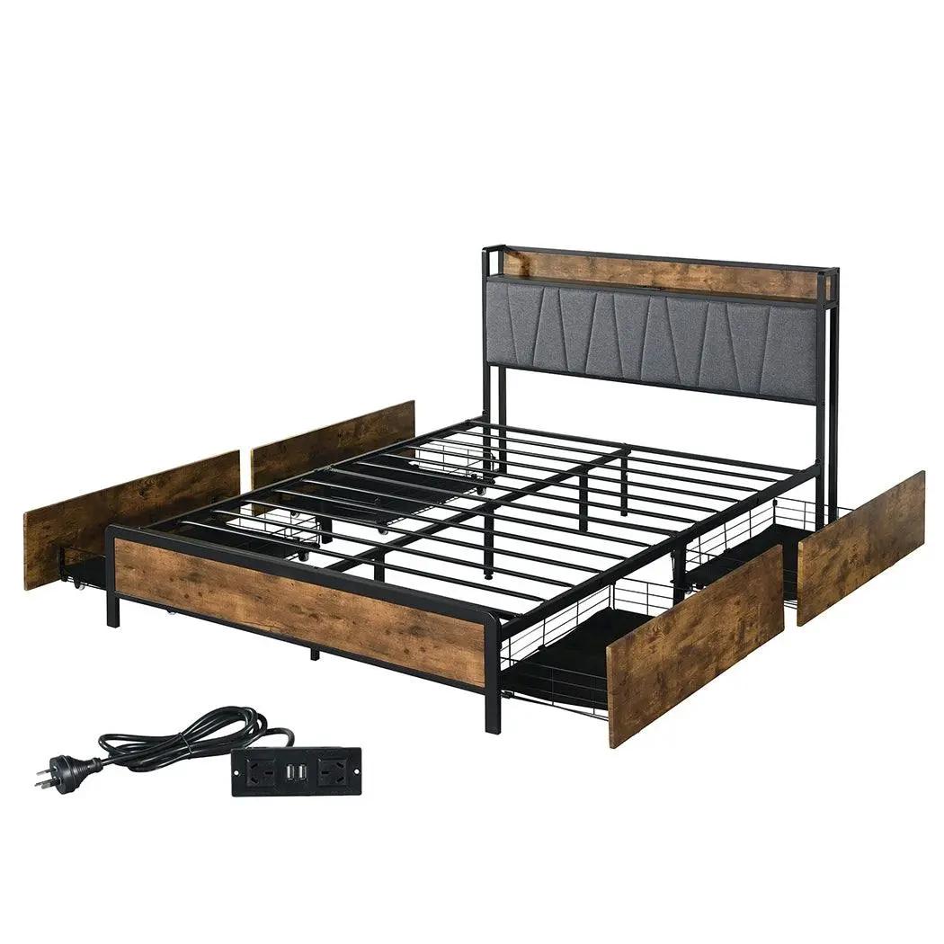 Levede Queen Bed Frame Industrial Tufted Storage Drawers Headboard USB Charge - Furniture