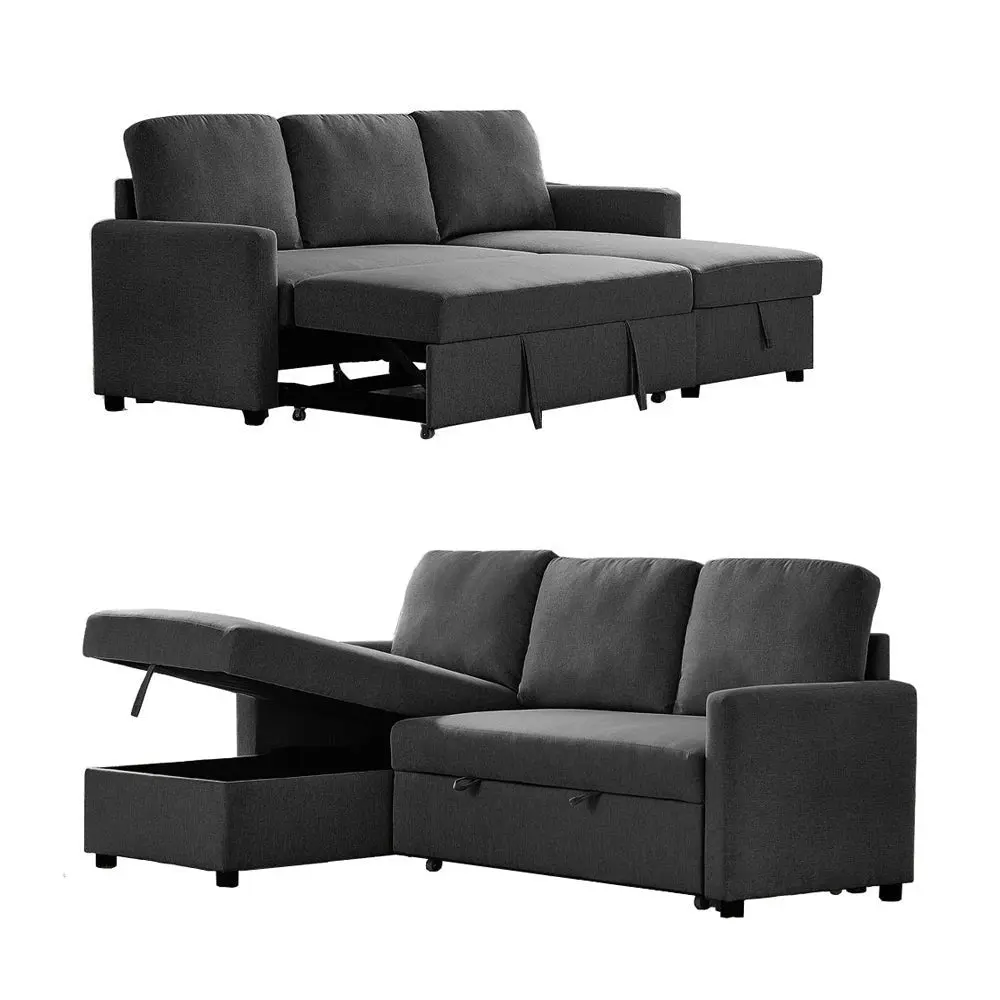 Foret 3 Seater Sofa Bed Modular Corner Pullout Lounge Storage Chaise Fabric Black - Furniture