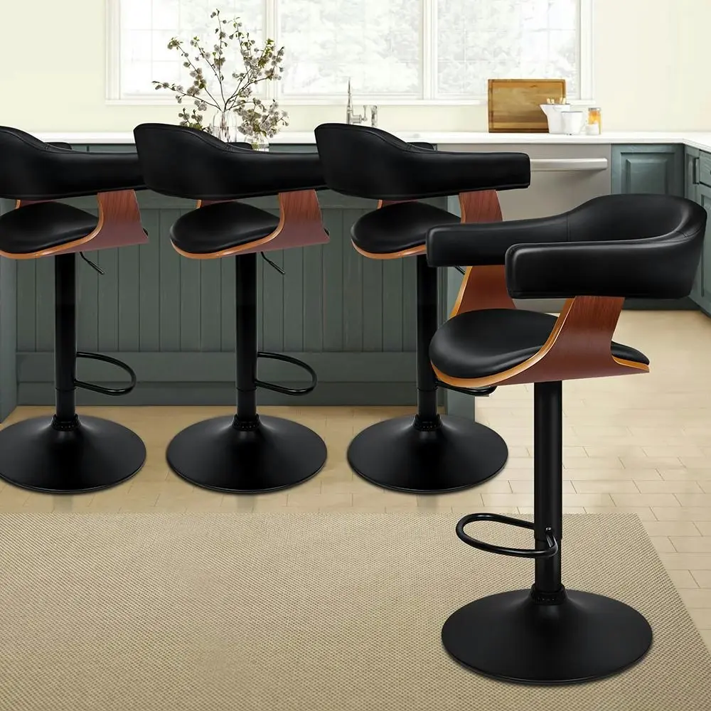 Alfordson 4x Wooden Bar Stool Joan Kitchen Swivel Chair Wood Leather All Black - Furniture