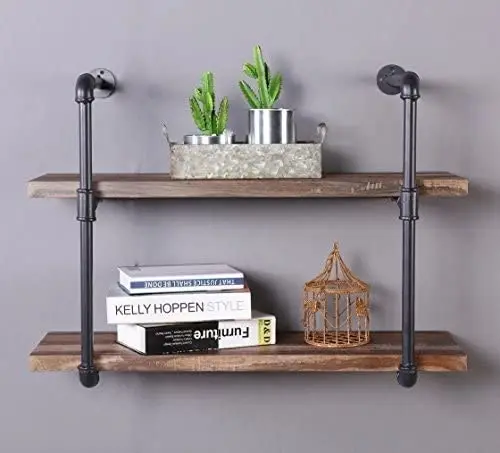 IHOMDEC 2 Tier Rustic Pipe Wall Shelving Unit Retro Brown - Furniture