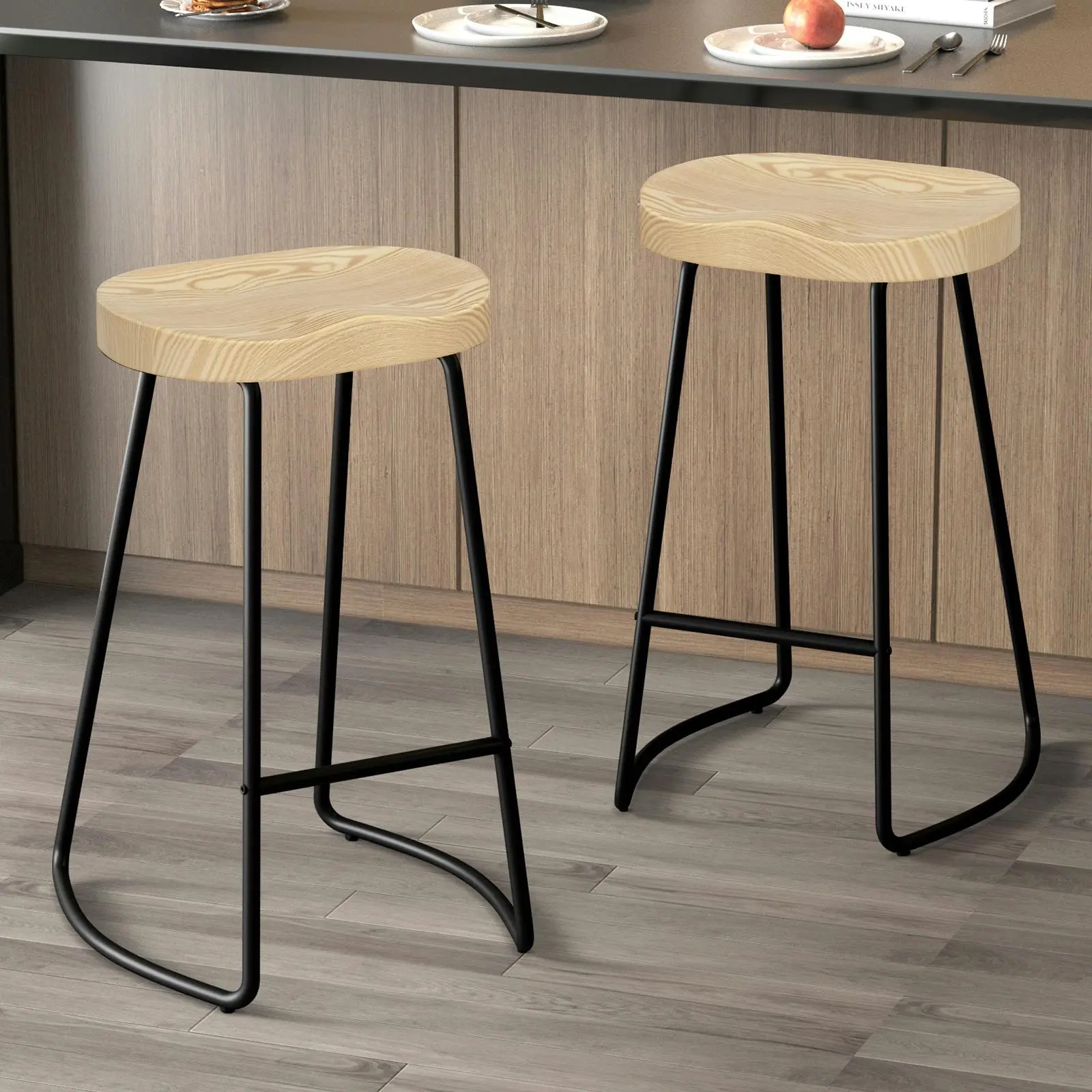 Alfordson 2x Bar Stools 75cm Tractor Kitchen Wooden Vintage Chair Natural - Furniture
