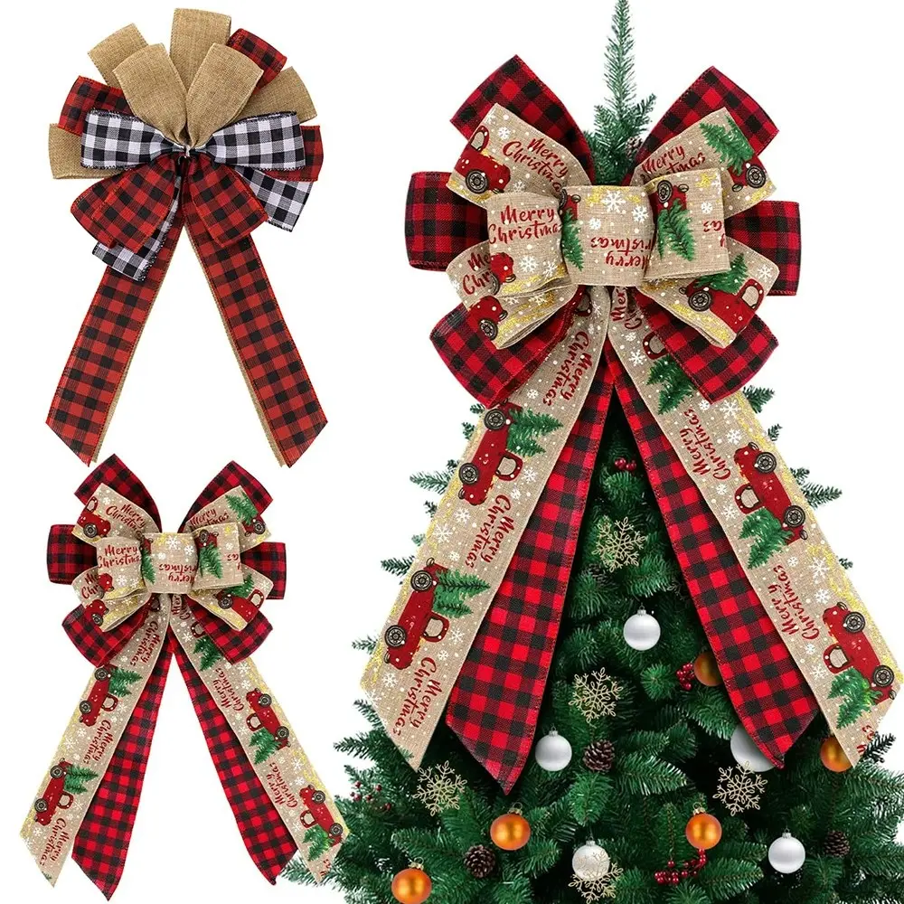 2 Pack Christmas Bows Wreath Decorations Buffalo Plaid Xmas Tree Topper Ornament - Home & Garden