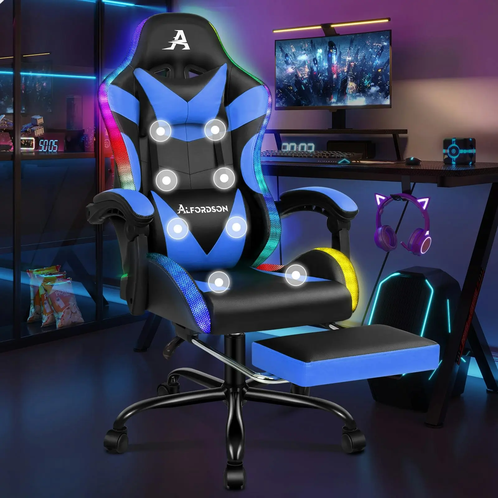 Alfordson Gaming Chair Office Massage 12 RGB LED Computer Seat PU Leather Blue - Furniture