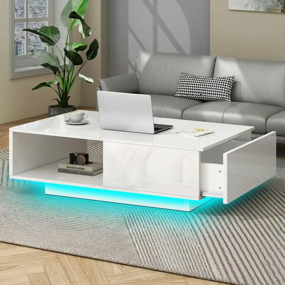 Alfordson Coffee Table LED Light High Gloss Storage Drawer Whtie - Furniture