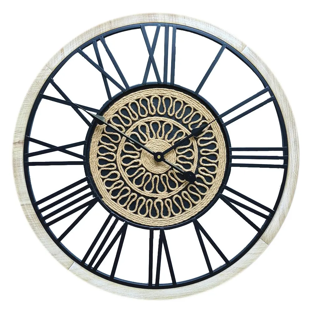 Salesbay Roman Wall Clock Vintage Metal Wood Silent Morden Art Home Decoration 60cm Linen - Home & Garden