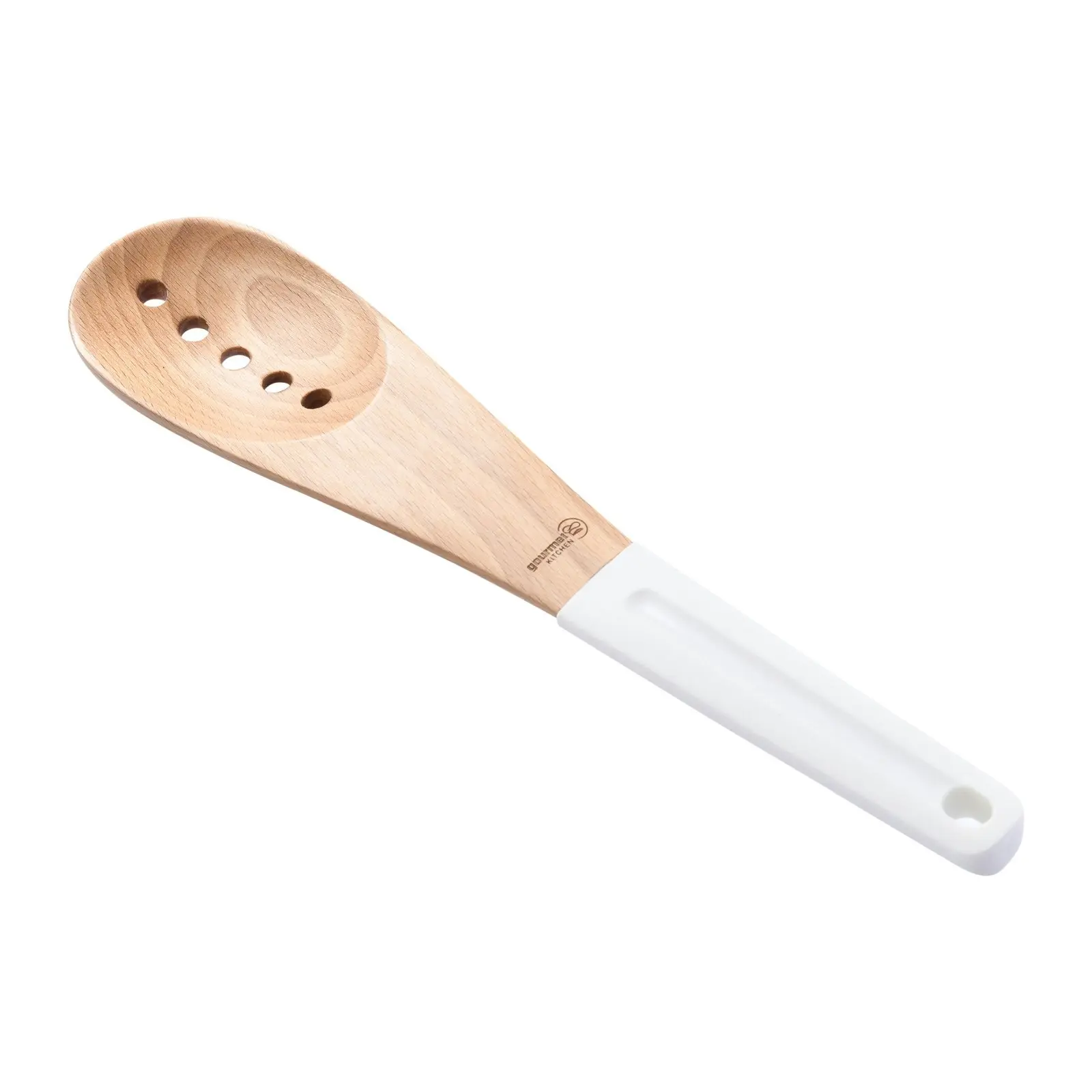 Gourmet Kitchen Rustic Beech Wood Slotted Spoon with Silicone Grip White 30x6.5x1.5cm - Home & Garden